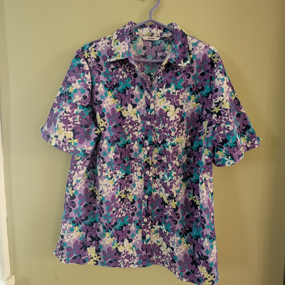 Alia Purple and White Casual Button Down Shirt Vibrant Floral Design